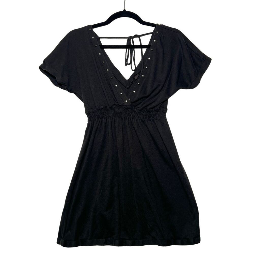 Y2K Express Studded Black Dress M Swim Coverup Tunic Vintage Tie Neck Cotton